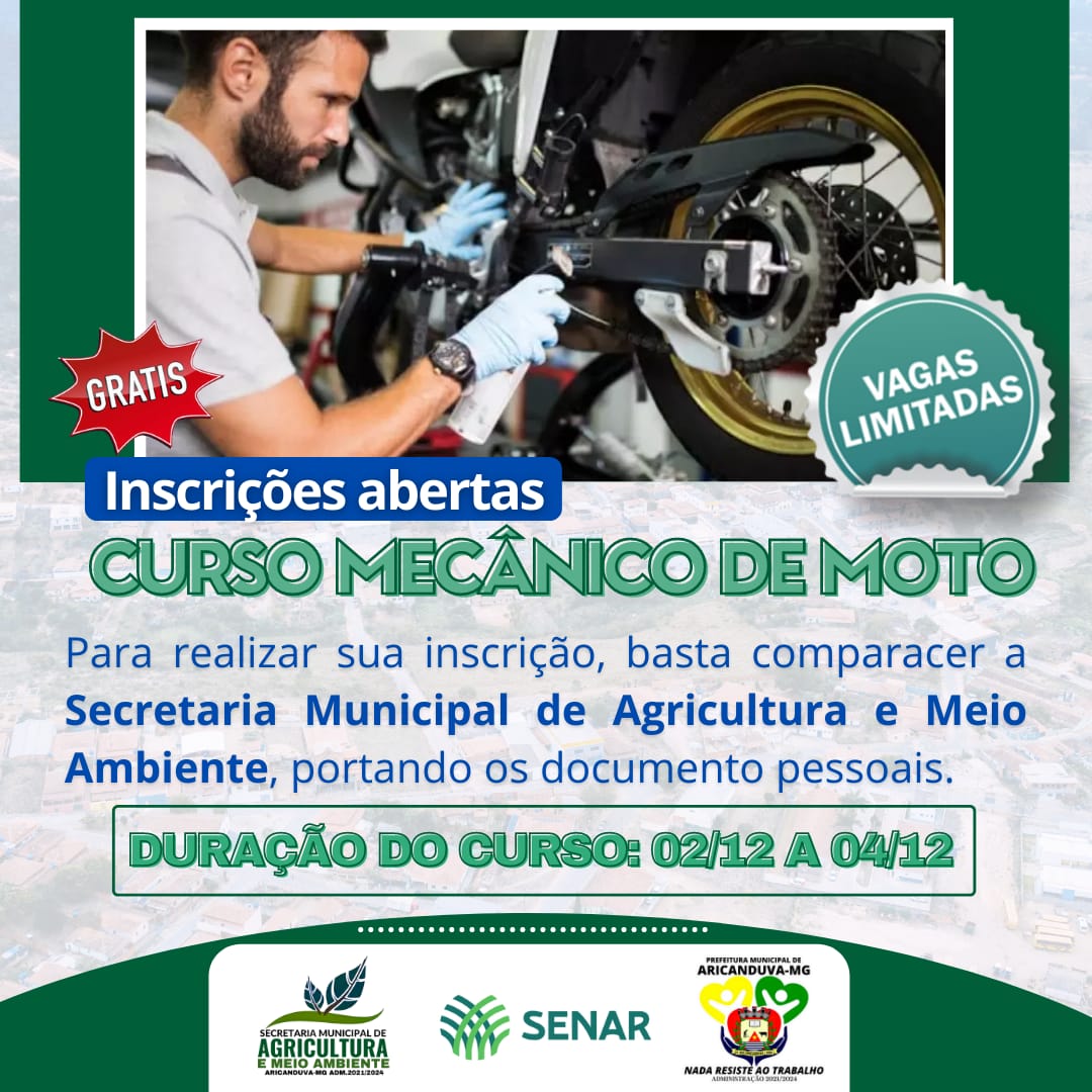 ESTÃO ABERTAS AS INSCRIÇÕES PARA O CURSO DE MECÂNICO...