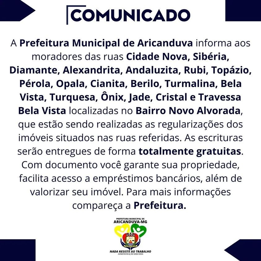 PREFEITURA MUNICIPAL DE ARICANDUVA INFORMA AOS MORAD...