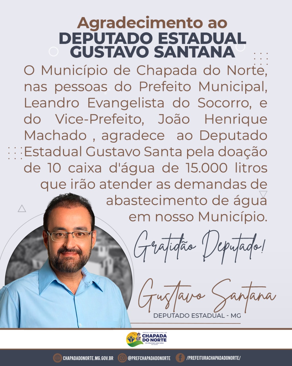 AGRADECIMENTO AO DEPUTADO ESTADUAL GUSTAVO SANTANA