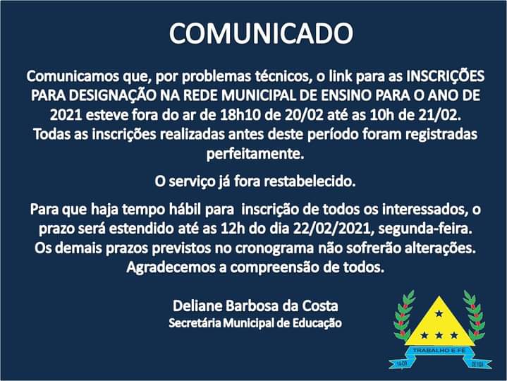 PRORROGAÇÃO DO PRAZO DE INSCRIÇÕES PARA DESIGNAÇÃO 2021