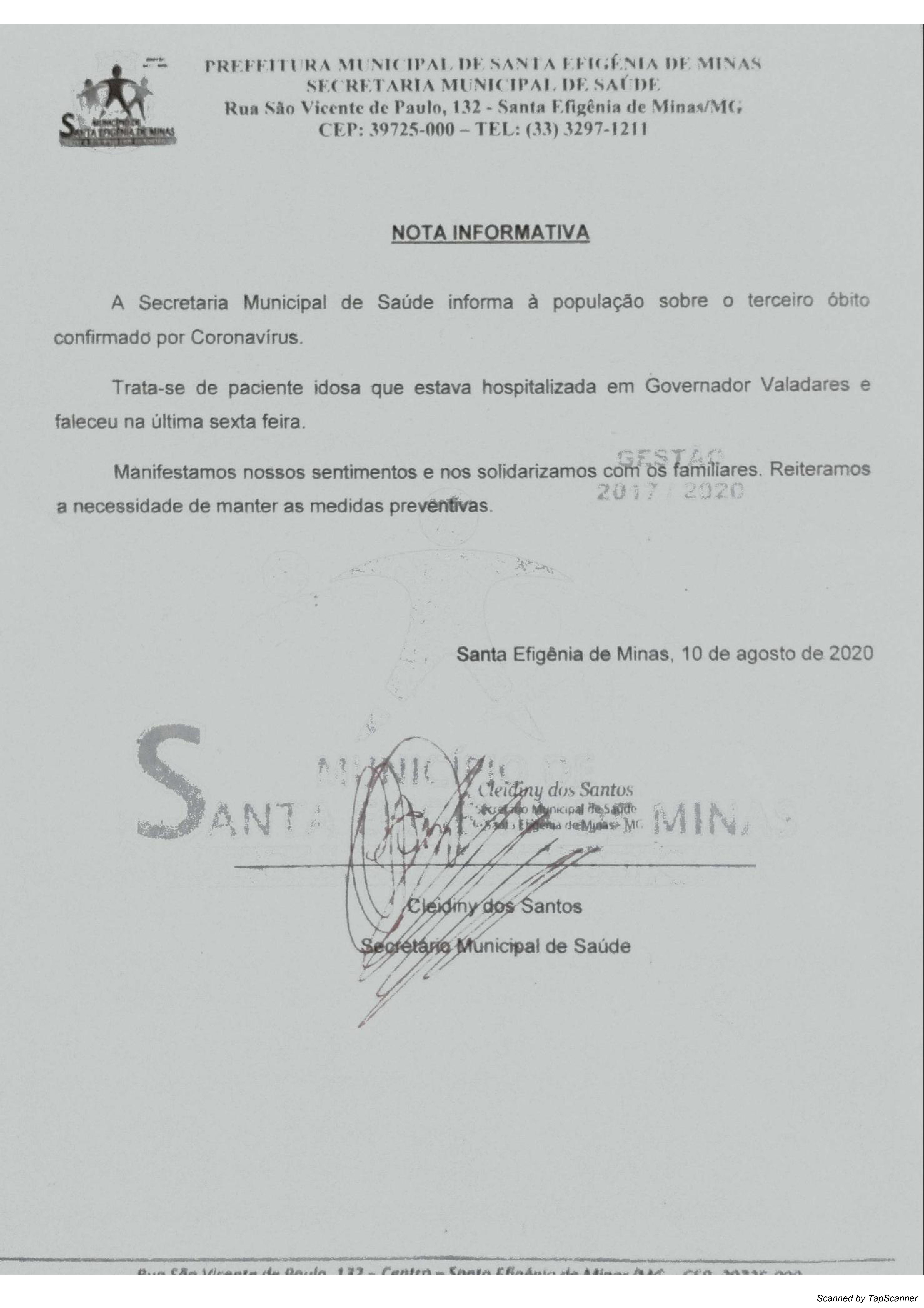 NOTA INFORMATIVA - TERCEIRO ÓBITO CONFIRMADO POR COV...