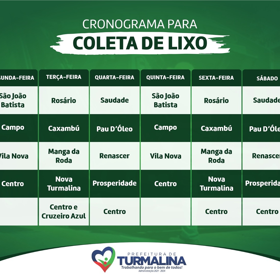 CRONOGRAMA PARA COLETA DE LIXO