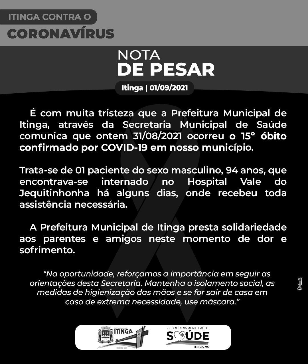 NOTA DE PESAR - 15° ÓBITO POR COVID 19