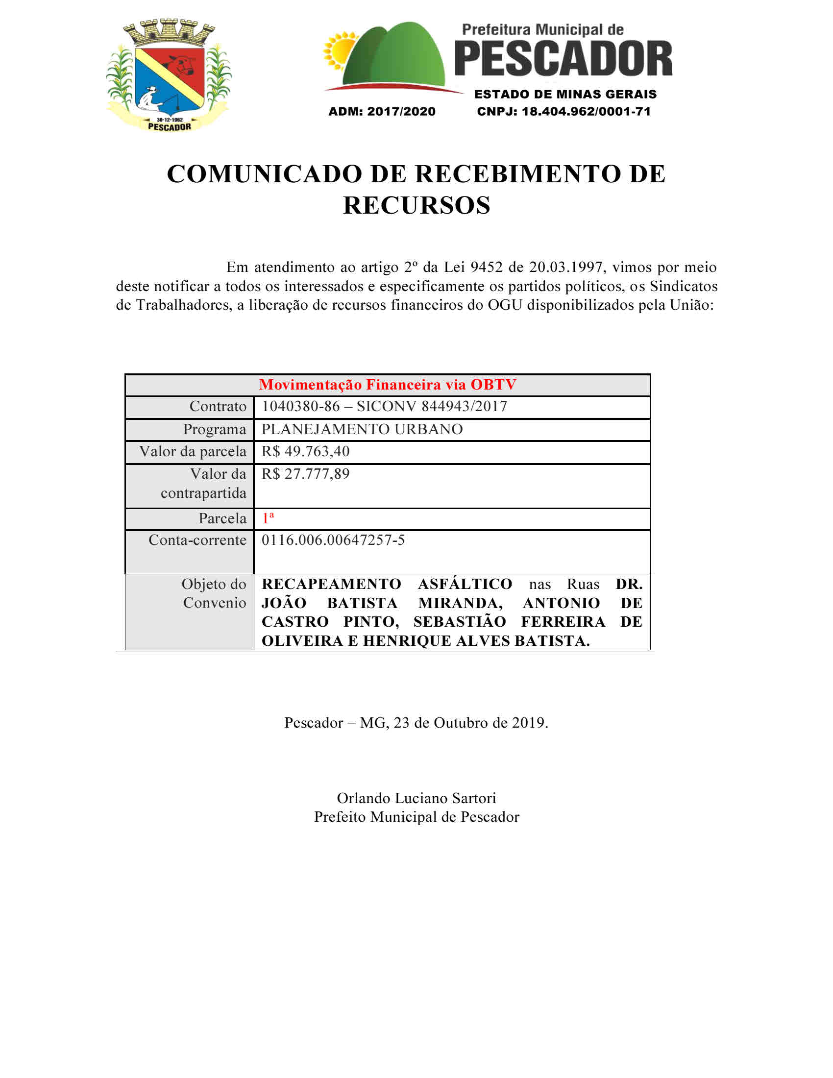 COMUNICADO DE RECEBIMENTO DE RECURSOS